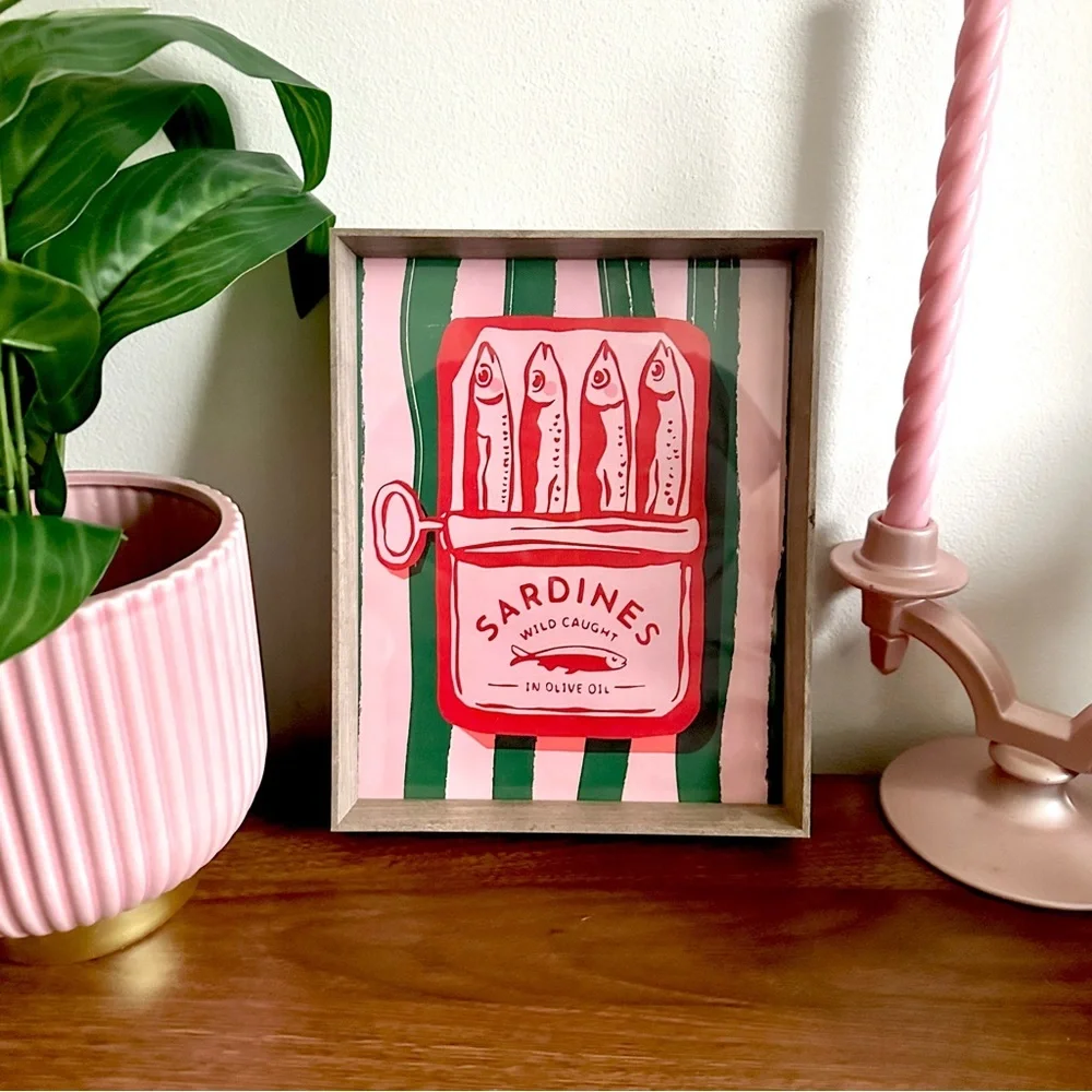 Retro Sardine Tin Canvas Print Wall Art Striped Wood Frame Colorful Italy Ocean